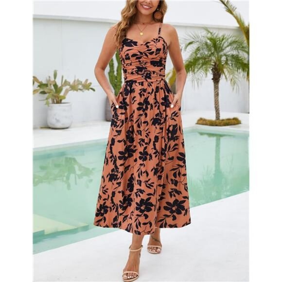 Women Ruched Maxi Dress Adjustable Spaghetti Strap Orange - Picture 1 of 5
